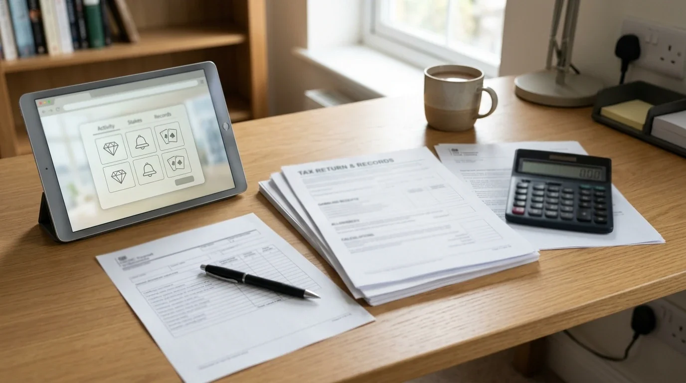 Neutral UK gambling tax context paperwork with a calculator