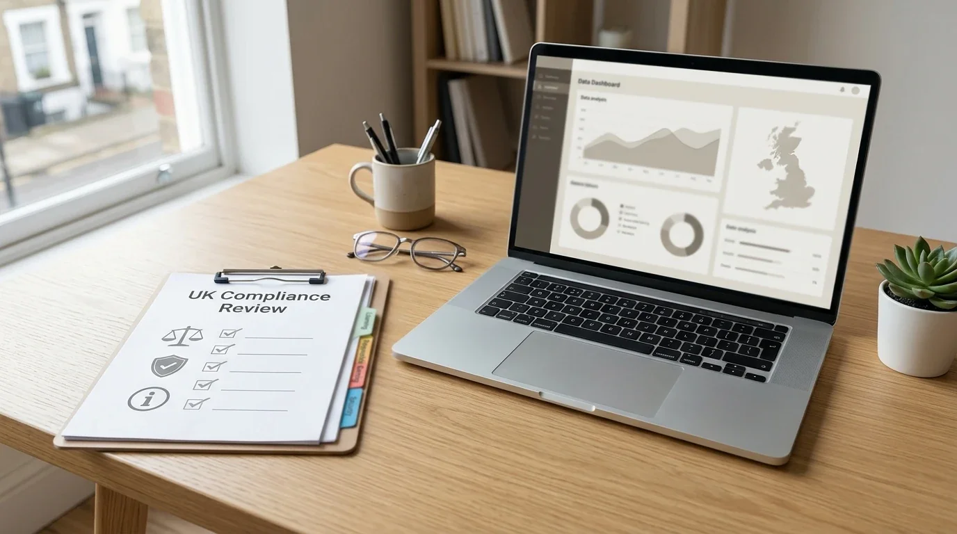 Editorial compliance checklist beside a neutral casino review dashboard