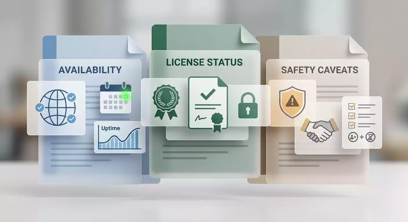 Layered editorial graphic showing availability, licence and caveat checks