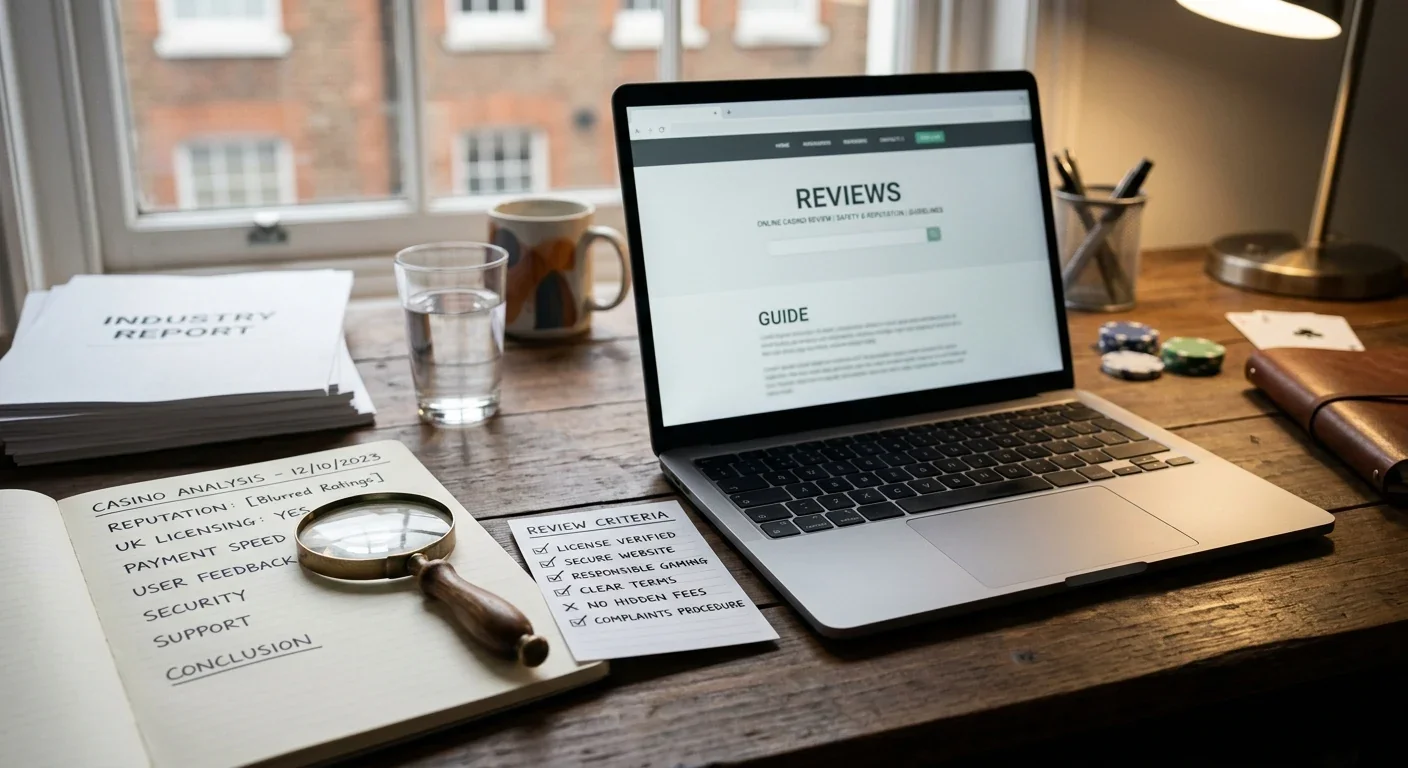 Laptop with casino review notes and a cautious editorial checklist